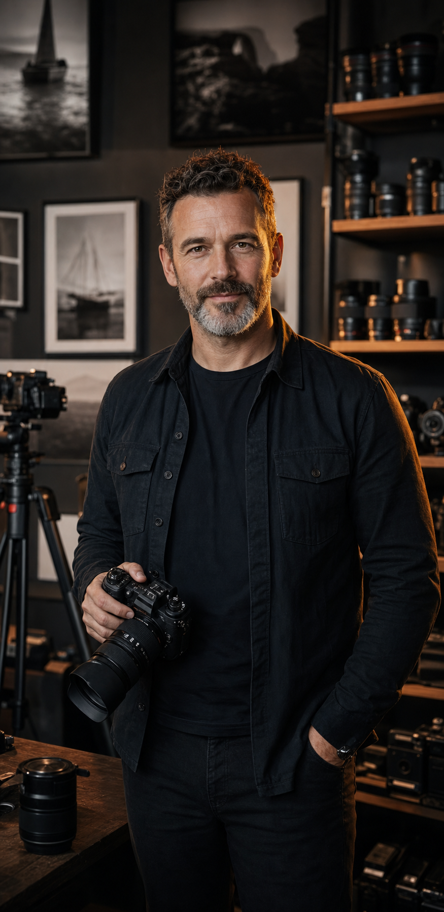Matteo Colombo al lavoro nel suo atelier fotografico di Catania tra fotocamere e attrezzatura