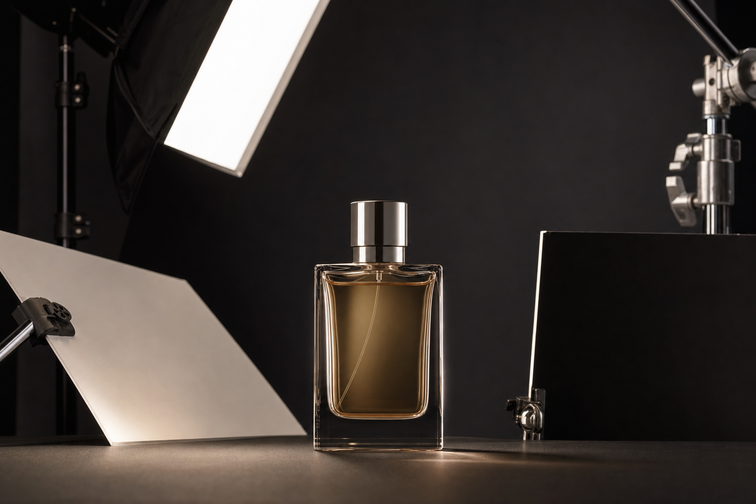 Allestimento di still life fotografico con prodotti illuminati su sfondo neutro
