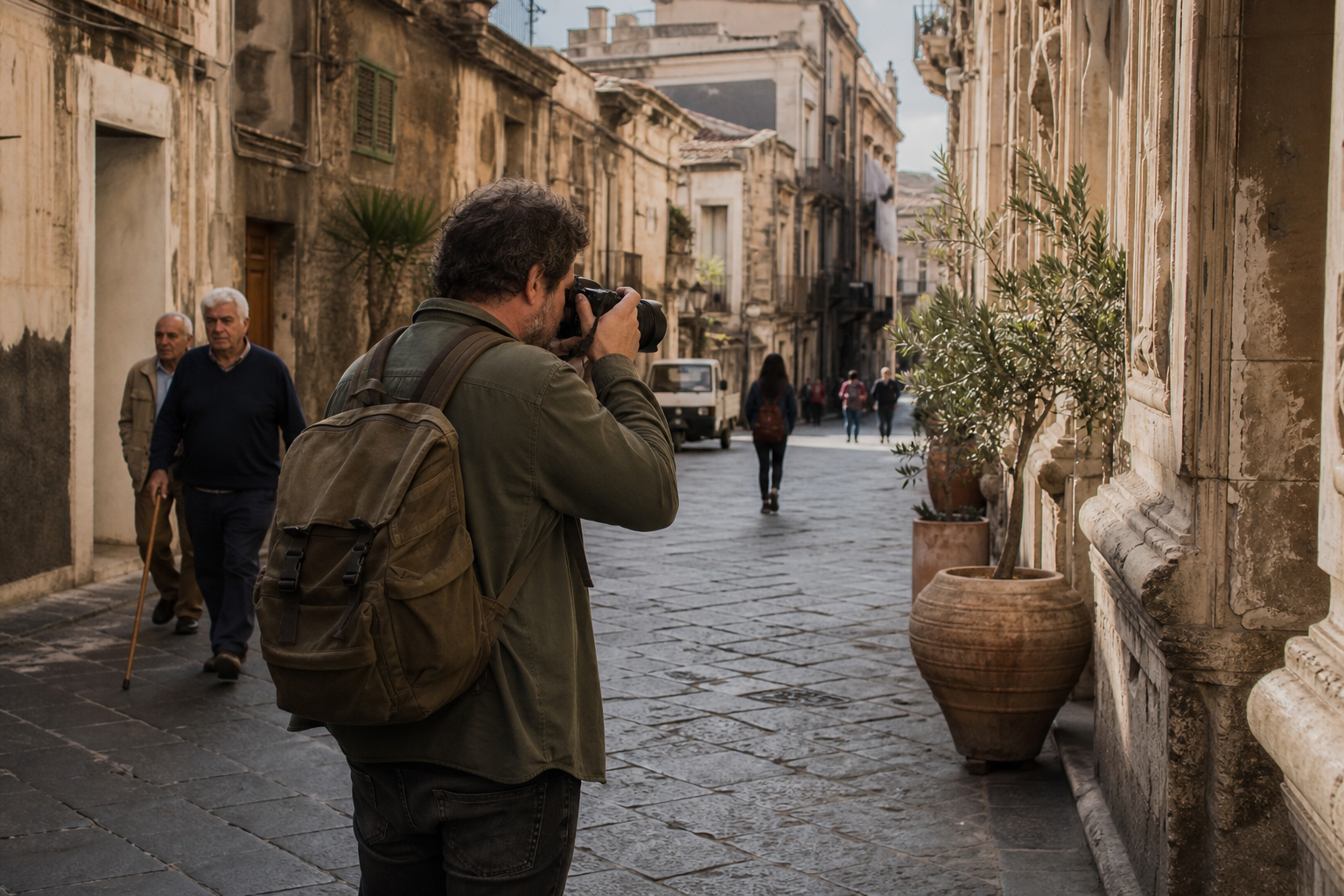 Fotografo reportage in strada durante uno scatto editoriale a Catania
